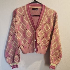On Twelfth Shimmering Pink Cardigan Sweater Knit Top Women's Size Medium